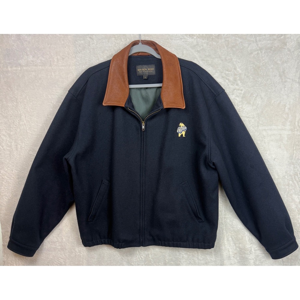 VTG Golden Bear SF Wool Bomber Jacket Mens L Navy Made USA 90s Leather Trim
